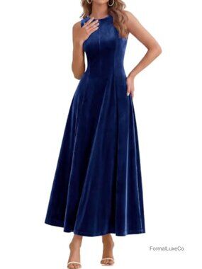 Velvet Sleeveless Crewneck A-Line Maxi Wedding Guest Dress